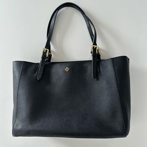 Tory Burch Small York Buckle Tote- Black Leather